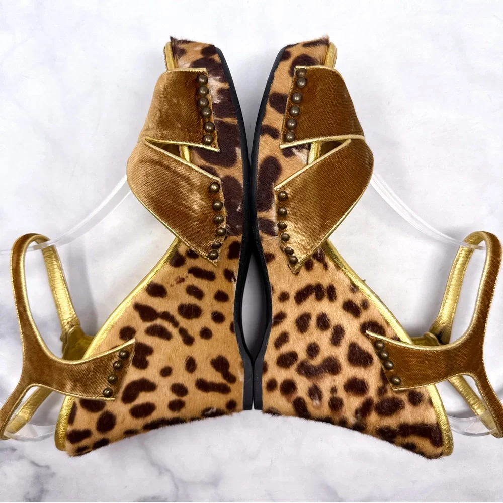 PRADA Vintage Y2K Velvet Leopard Calf Hair Leather Platform Wedge Sandal Heel 38